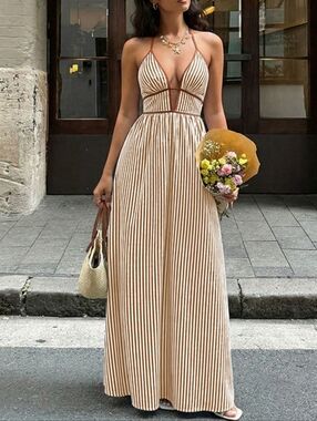Striped Yellow Cream and Brown Halter Maxi Dress